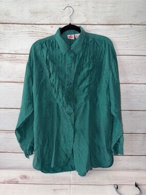 Vintage NO! 100% Silk Teal Pintuck Button Front Blouse One Size Fits Most